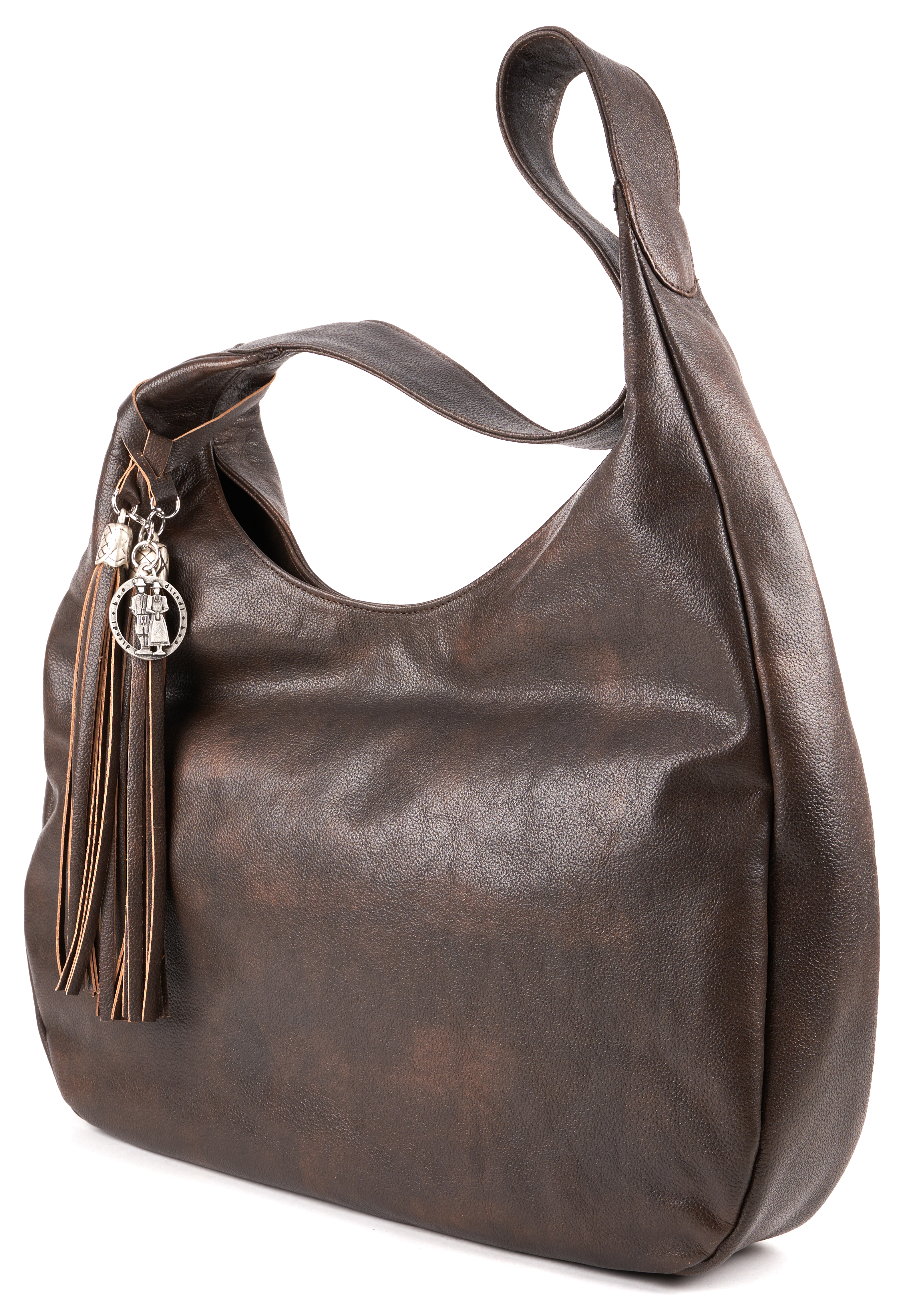 Bild 2: Damen-Tasche aus braunem Rindleder, weich und geschmeidig, mit fransiger Quaste und breitem Henkel.