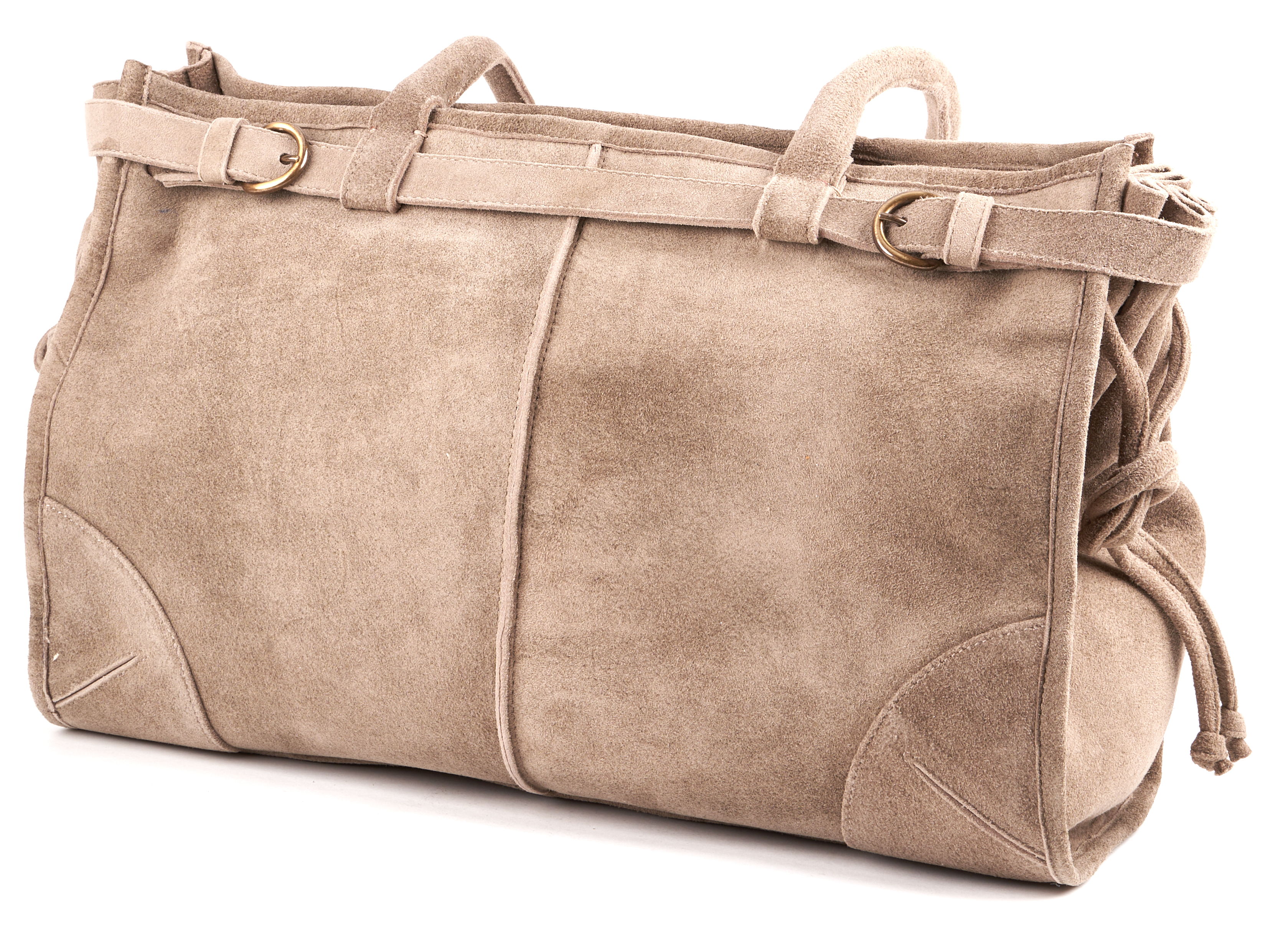 Bild 2: Beige Damen-Tasche aus Antikbockleder, mit zwei langen Tragegriffen und dekorativen Nahtdetails. Geräumig und weich in der Textur.