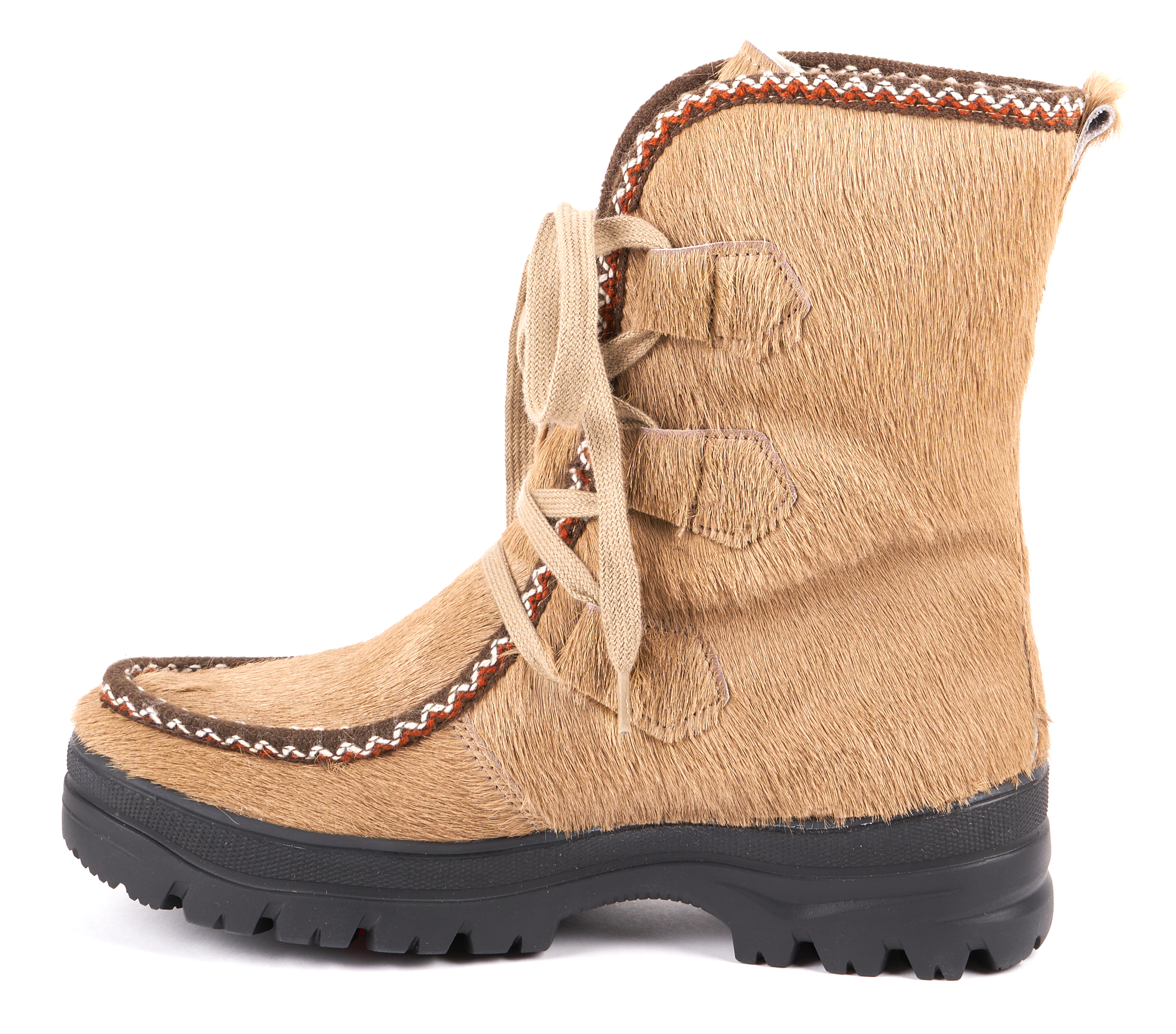 Bild 3: Damen-Stiefeletten aus beige Rindleder in Felloptik  mit Gummisohle und integrierten Spikes, dreifache Schnürung, dekorative Naht.