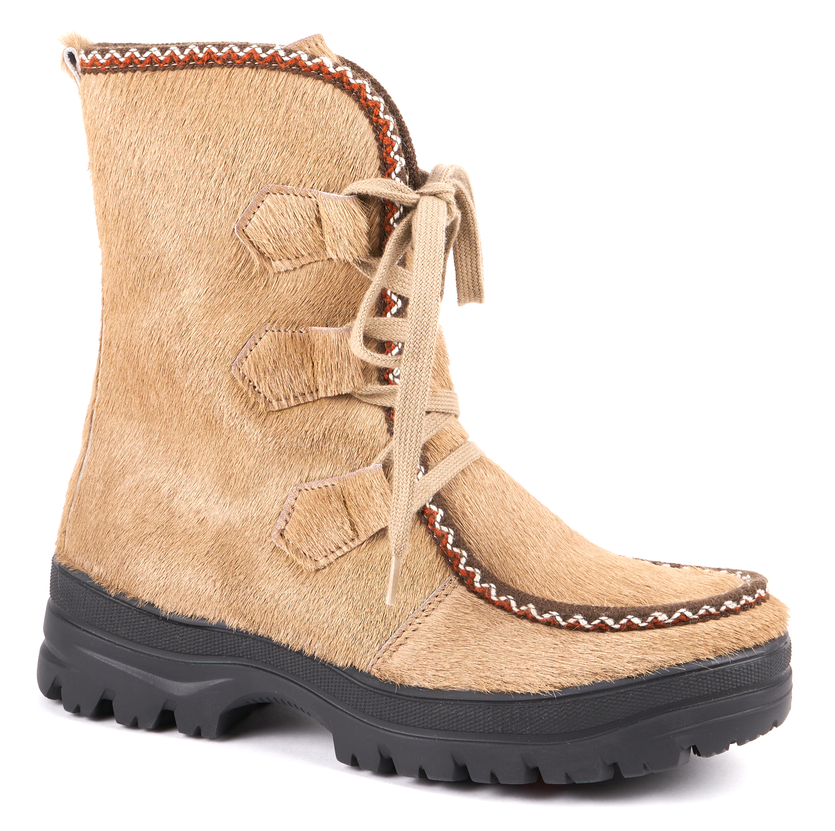Bild 1: Damen-Stiefeletten aus beige Rindleder in Felloptik  mit Gummisohle und integrierten Spikes, dreifache Schnürung, dekorative Naht.