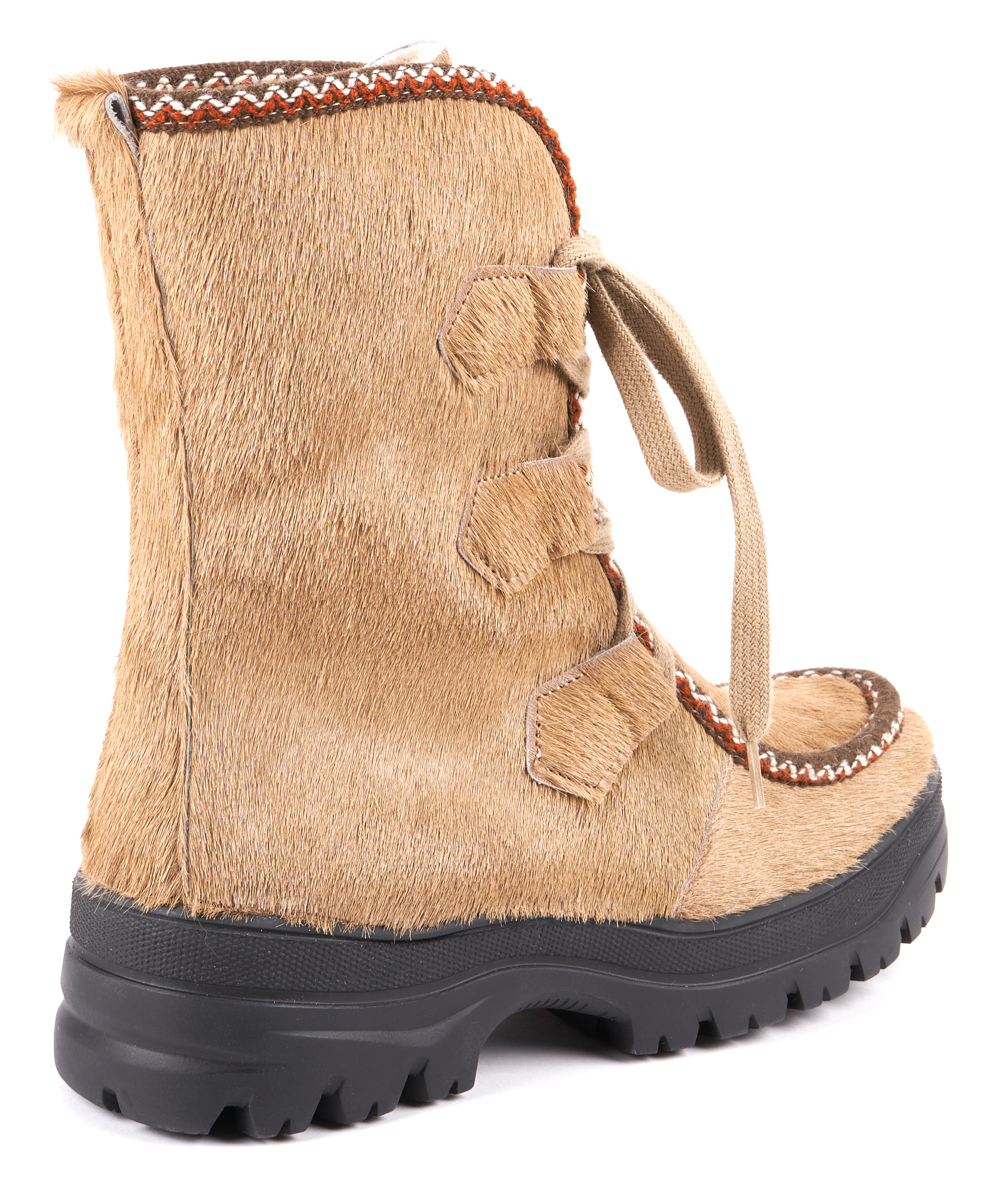 Bild 2: Damen-Stiefeletten aus beige Rindleder in Felloptik  mit Gummisohle und integrierten Spikes, dreifache Schnürung, dekorative Naht.