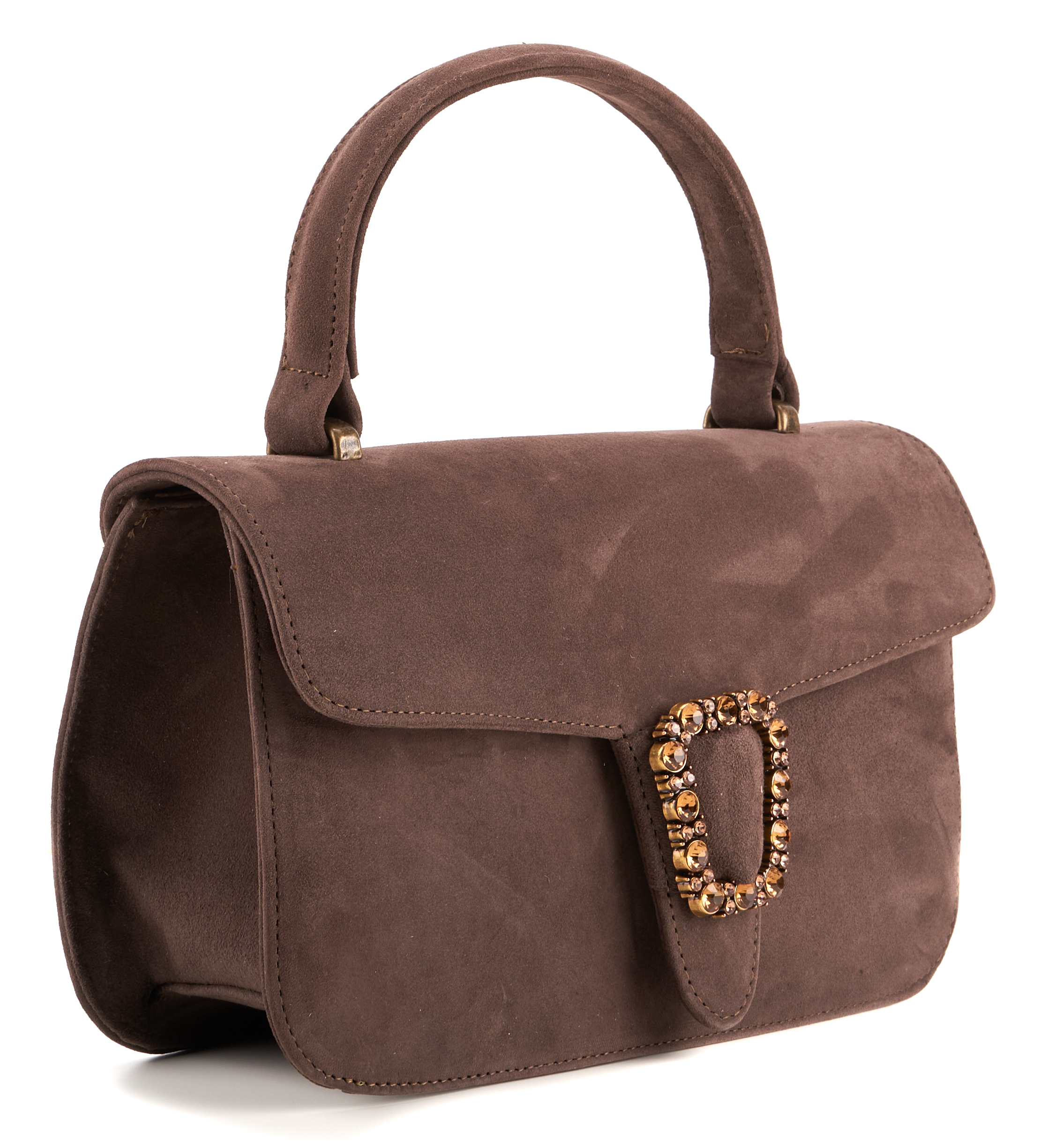 Bild 2: Braune Damen-Tasche aus Ziegenleder mit verziertem Verschluss und einem kurzen Tragegriff. Glatte Oberflächenstruktur.