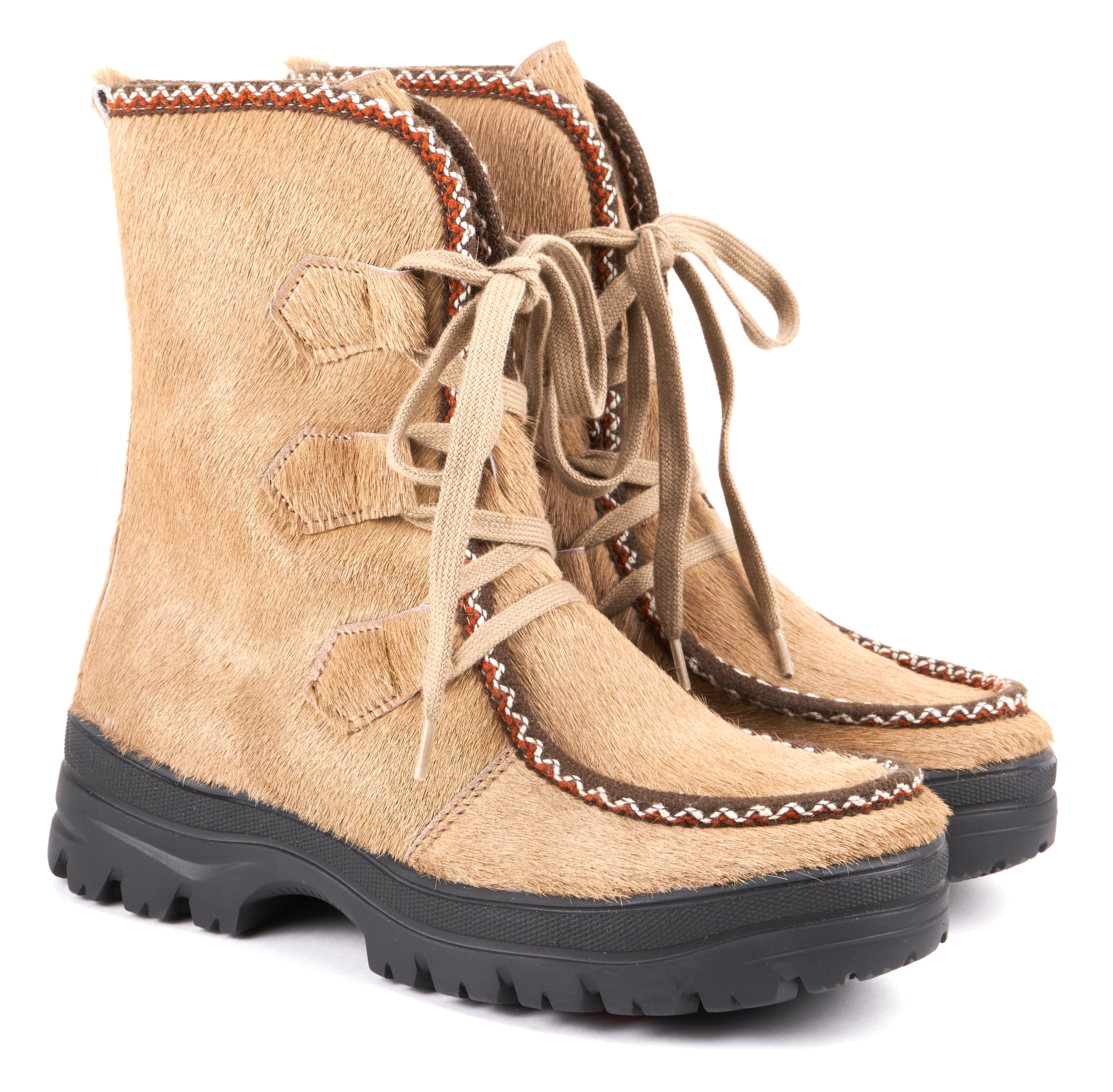 Bild 4: Damen-Stiefeletten aus beige Rindleder in Felloptik  mit Gummisohle und integrierten Spikes, dreifache Schnürung, dekorative Naht.